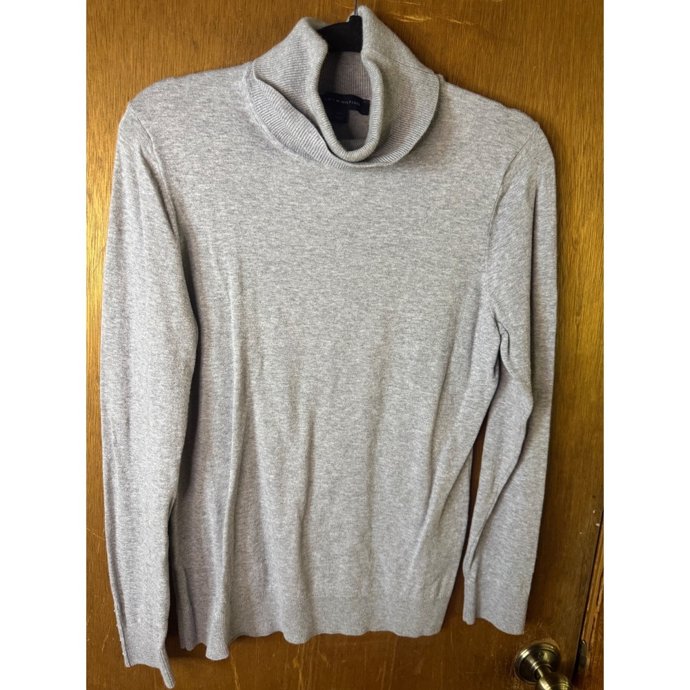 Tommy Hilfiger Womens Gray Turtleneck Sweater Gold Crest Button Cuff Large